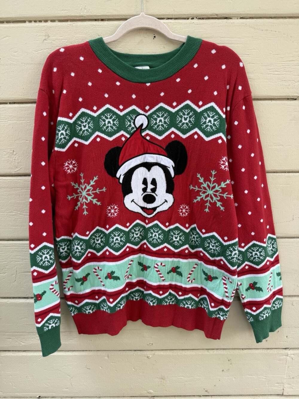 Disney Mickey Mouse Christmas Holiday Ugly Sweater Red Green Snowflake Sz Med